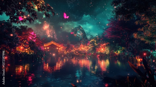 Magical forest village at night with glowing trees, butterflies, and reflections