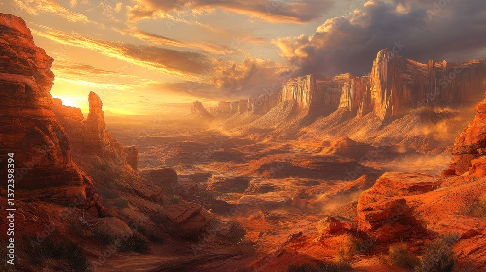 Fototapeta premium Majestic Desert Canyon at Sunset: Awe-Inspiring Vista of Red Rock Formations