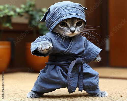 Cat in Ninja Costume, Indoor Pose