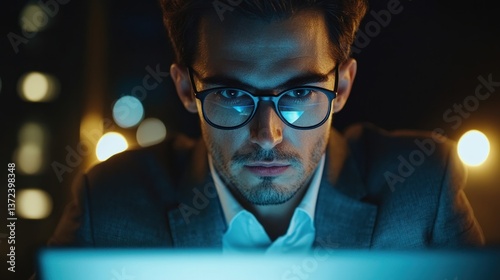 Focused professional working late, illuminated by screen light, intense gaze