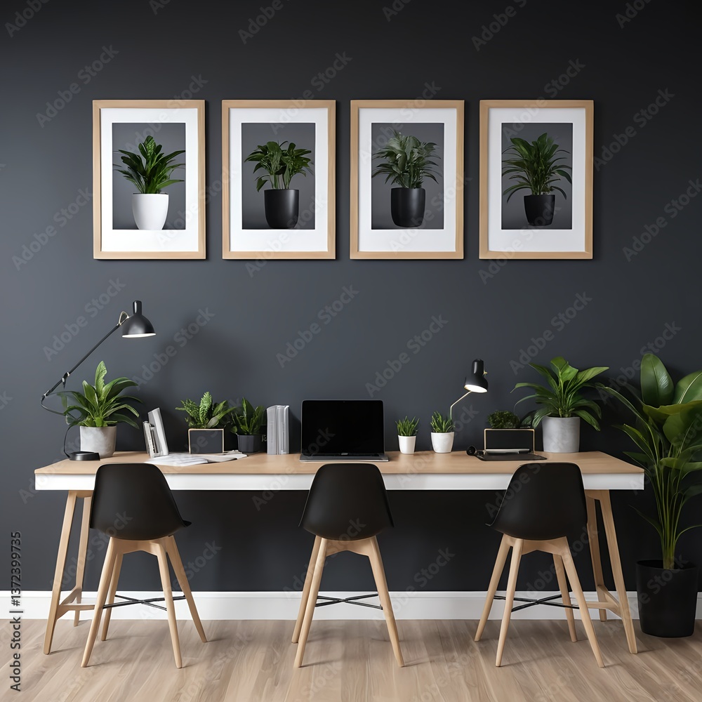 Fototapeta premium Modern Home Office Workspace with Plants and Minimalist Decor