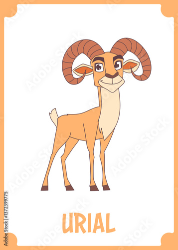 Cartoon-style Urial with distinct curved horns, standing against a dark background in a light orange frame, a cheerful depiction.