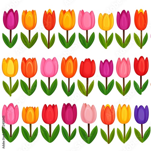 Beautiful arrangement of vibrant colorful tulips presented in a pattern