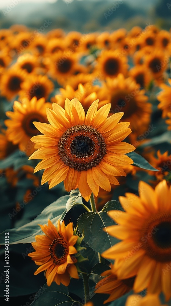 Fototapeta premium Vibrant Sunflower Field in Summer Sunshine with Close-Up Petals and Rural Scenery