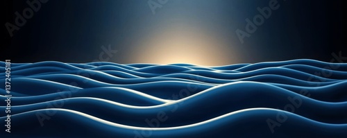 A serene seascape featuring gentle blue waves under a dark sky, illuminated by a soft sunrise, creating a tranquil atmosphere.