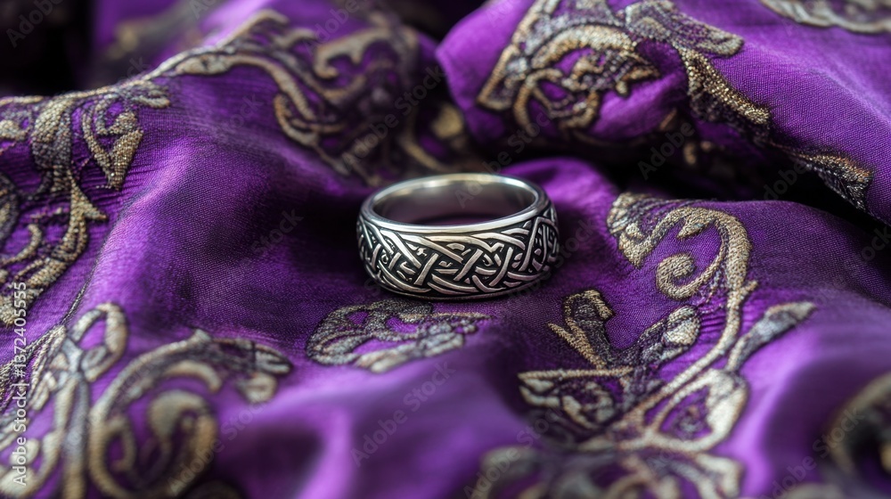 Obraz premium A silver ring with Celtic engravings on an elegant brocade fabric in royal purple