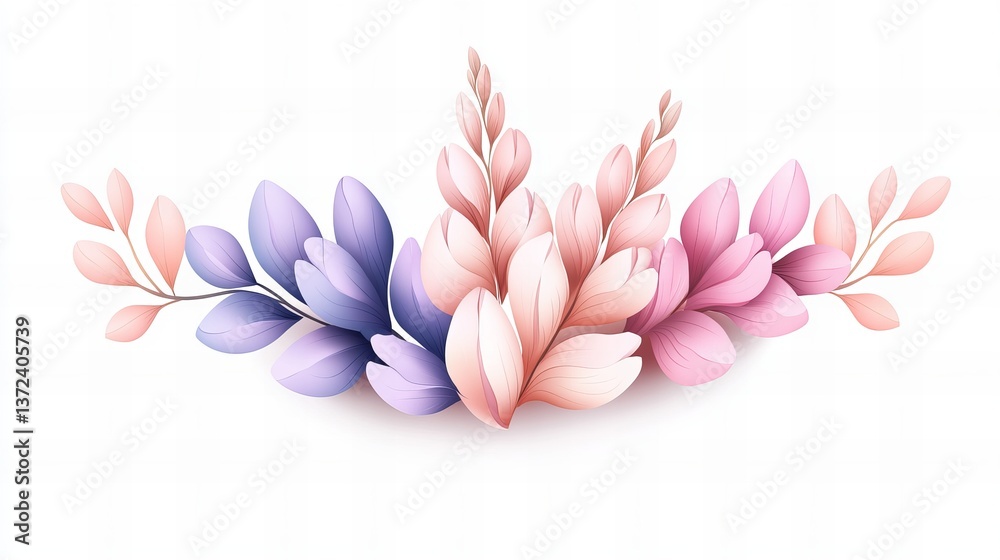 Fototapeta premium Floral sprigs arranged showcase pastel gradient hues, with soft shading and a clean white backdrop.