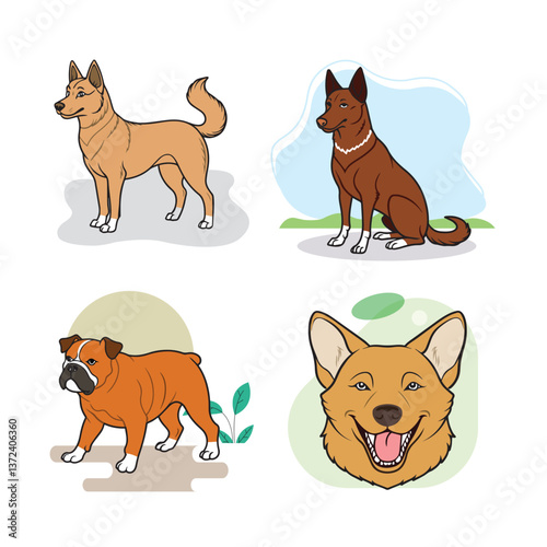 Dog_Cute dogs doodle vector set. Cartoon dog or puppy characters design collection with flat color in different poses. Set of funny pet animals isolated on white background.
