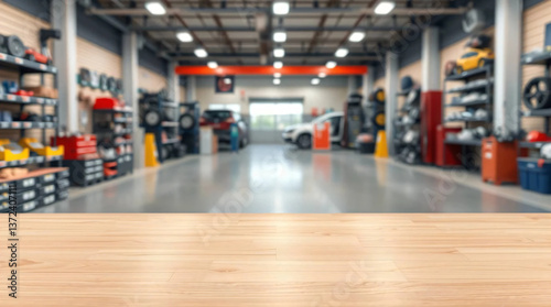 Empty wooden counter table with auto parts shop background