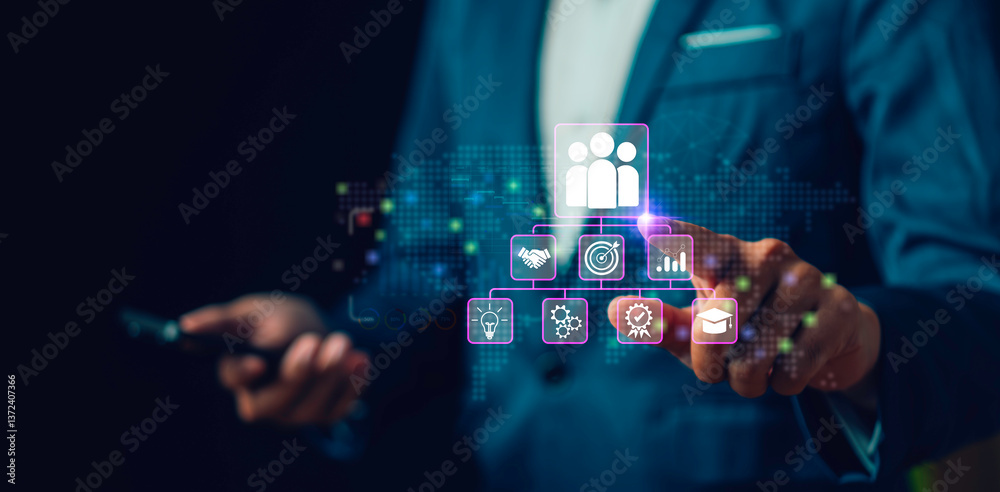HR management concept, administration of human resources within an organization, focusing on recruitment, training, conflict resolution, and fostering a productive organizational culture