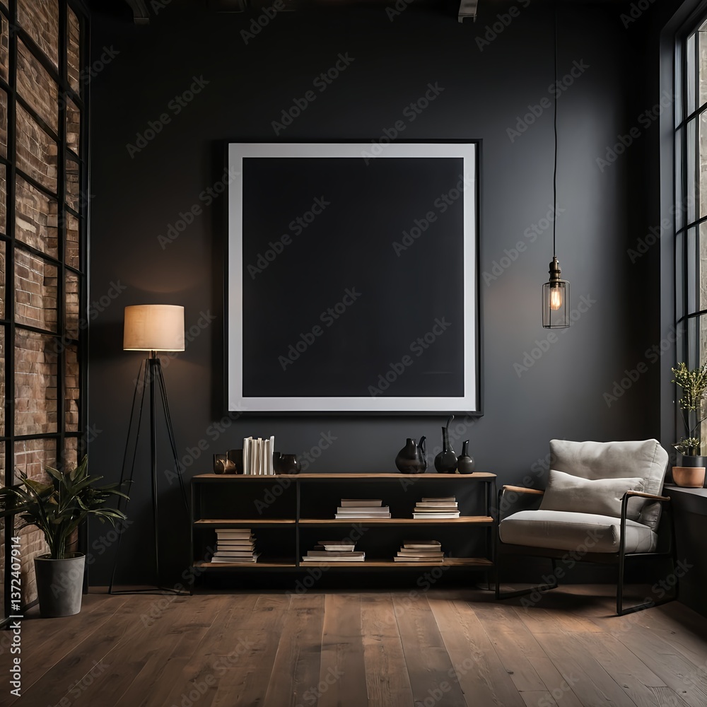 Fototapeta premium Modern Dark Living Room Interior with Empty Frame Mockup