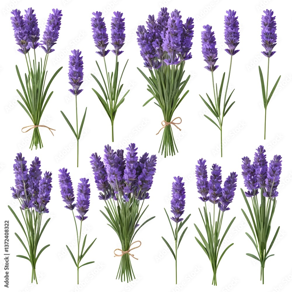 Obraz premium Lavender Flowers Collection Isolated Bundles and Single Stems