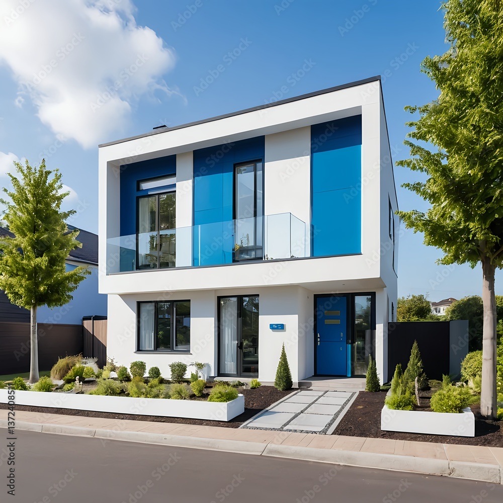 Fototapeta premium Modern Two-Story House with Blue Accents