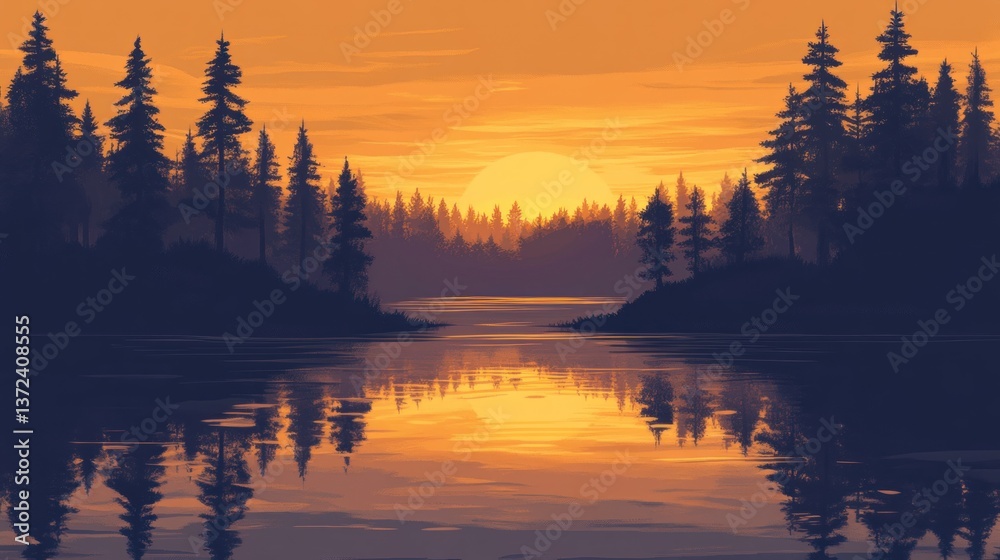 Fototapeta premium Tranquil golden sunset casting light across a calm river landscape with pine trees