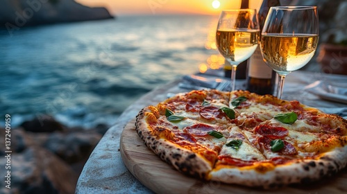 Wallpaper Mural Sunset Dinner With Pizza And Wine By The Sea. Perfect Summer Night! Torontodigital.ca