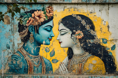 A painted mural featuring a loving couple in profile poses