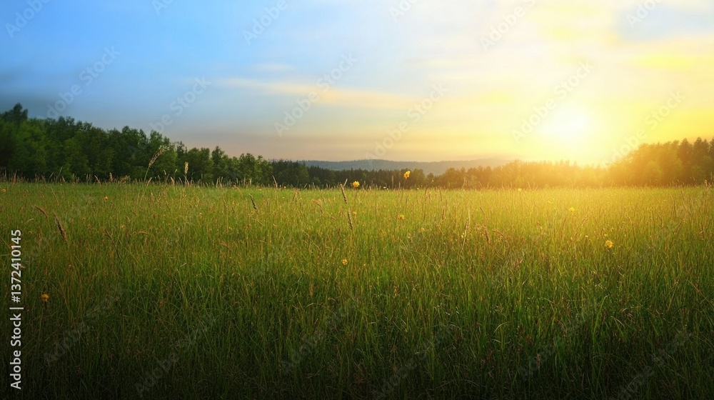 Obraz premium Serene Sunset Over Lush Green Field with Vibrant Sky and Horizon