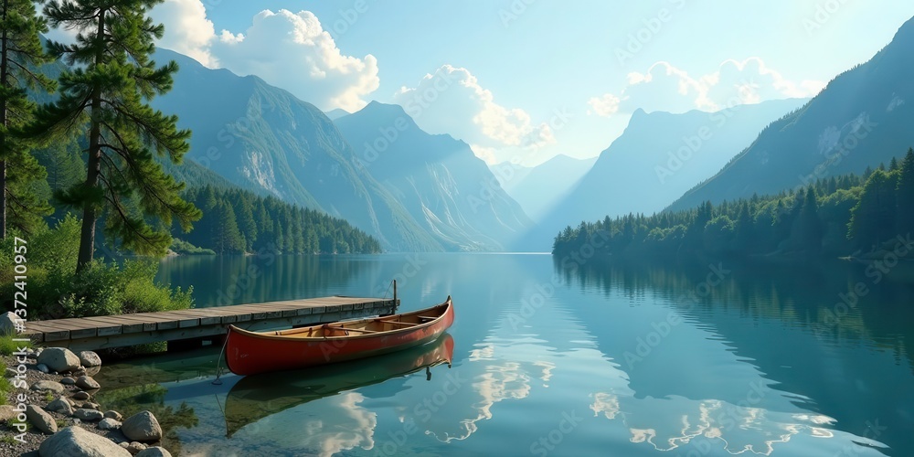 Serene Mountain Lake Scene with a Canoe Docked at a Wooden Pier on a Sunny Day Serene Mountain Lake Scene with a Canoe Docked at a Wooden Pier on a Sunny Day