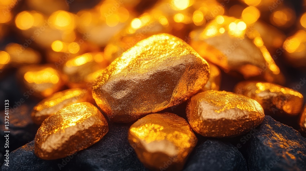 Gleaming golden nuggets displayed resting on dark textured rocks together Gleaming golden nuggets displayed resting on dark textured rocks together