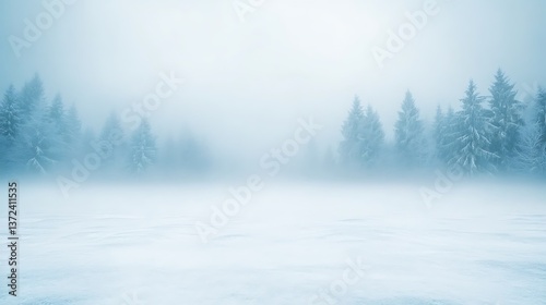 Dense fog obscures a snow covered forest landscape in winter photo