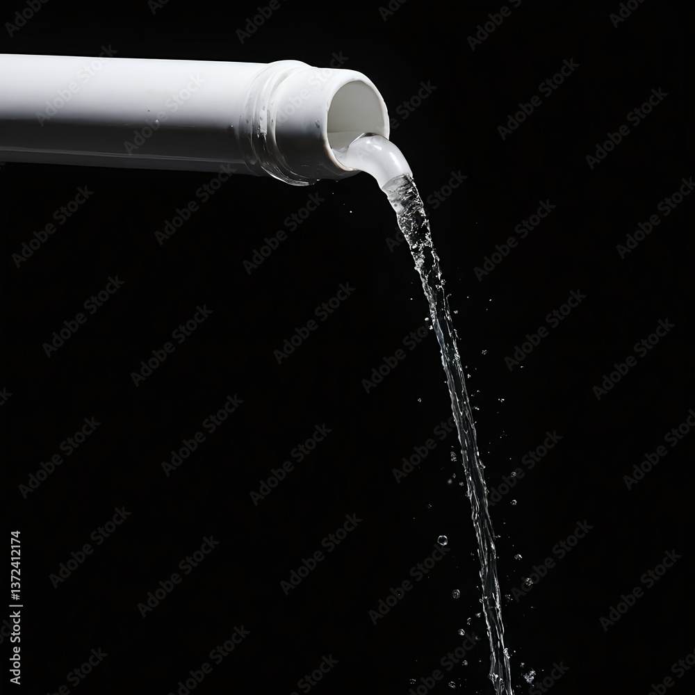 Water Flowing from White Pipe on Black Background