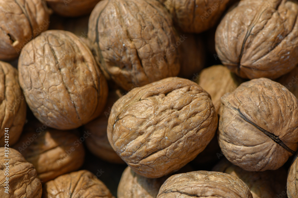 Nuts gathered in a rustic market, showcasing the texture and beauty of these natural treasures Nuts gathered in a rustic market, showcasing the texture and beauty of these natural treasures