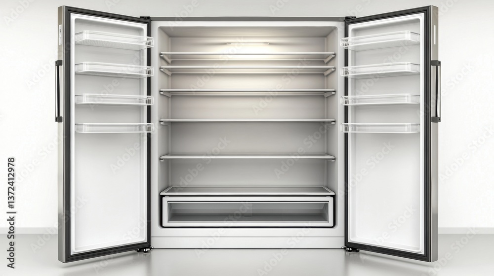 Modern Open Refrigerator Interior with Empty Shelves and Drawer Modern Open Refrigerator Interior with Empty Shelves and Drawer