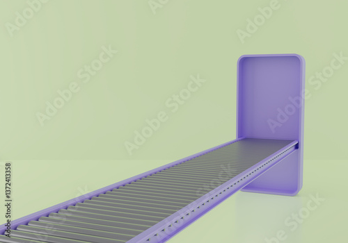 Modern conveyor belt with violet frame and steel rollers. Minimal background in soft green tone. Suitable for automation, logistics, factory, warehouse, or delivery process concept. 3d render.