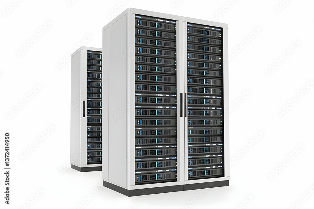Data center servers in white cabinets. Background is white. For tech websites Data center servers in white cabinets. Background is white. For tech websites