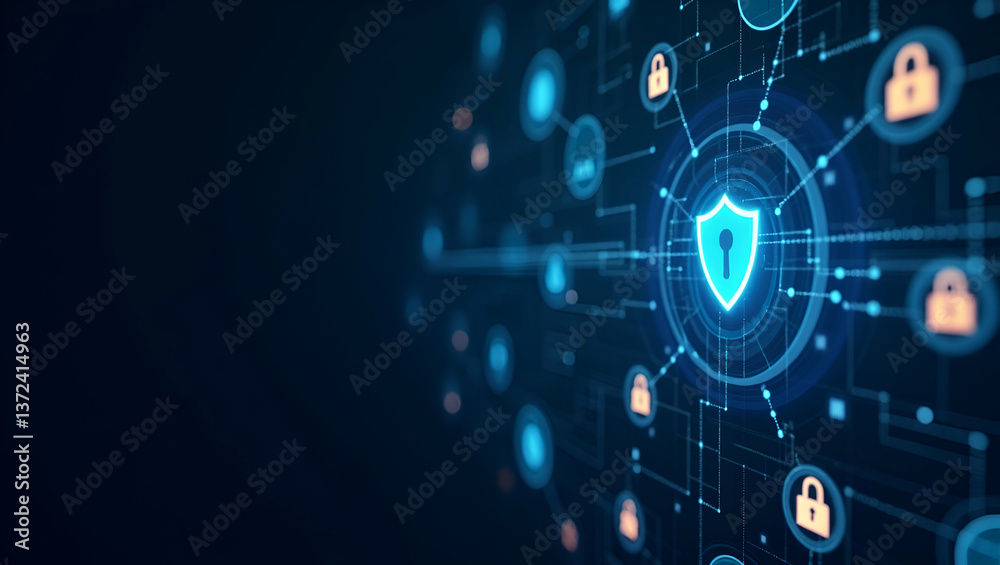 Obraz premium Contemporary Wallpaper Design: Abstract Blockchain Grids & Digital Shield Icons for Secure Transactions in Fintech - Modern Corporate Communications with Ample Empty Space