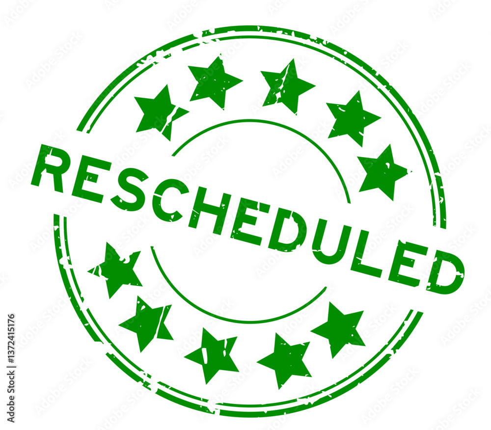 Grunge green rescheduled word with star icon round rubber seal stamp on white background