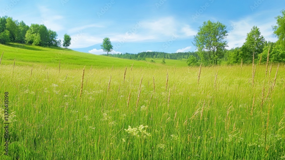 Fototapeta premium Lush Green Meadow Under Clear Blue Sky with Sparse Trees in Distance