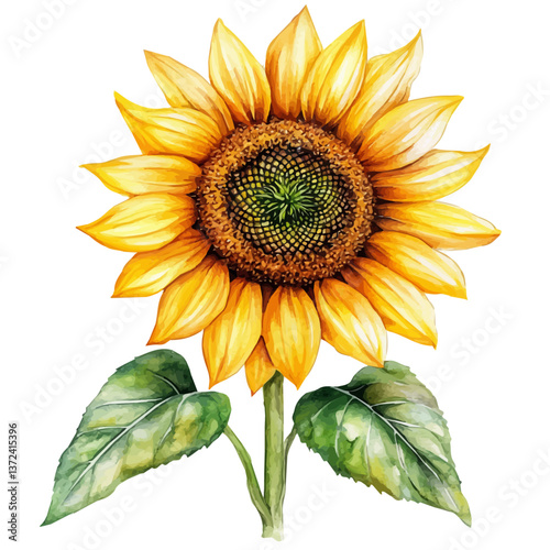 A watercolor of a sunflower, isolated on a white background. Sunflower vector.

