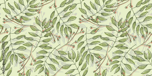 Fresh floral spring seamless pattern with mess of overlay light green leaves and red branches with berries. Bright doodle forest print for textile and stationery design, nature surface texture