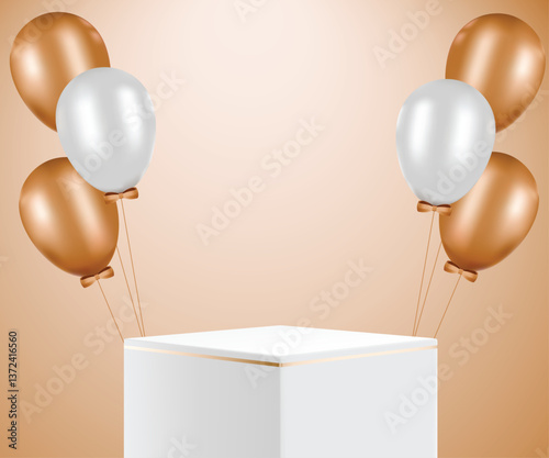 Four rectangular podiums are arranged at different heights, decorated with gold and white balloons on the sides. The design is sleek and elegant, making it perfect for product displays.