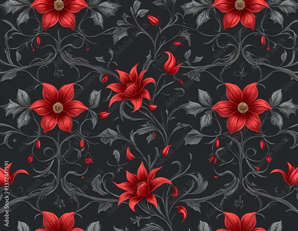 Fototapeta premium Red Floral Seamless Pattern on Black Background