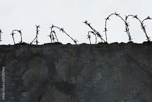 Close up of Barbed Wire Against Cracked Wall Texture With Dark Cloudy Sky in the Background