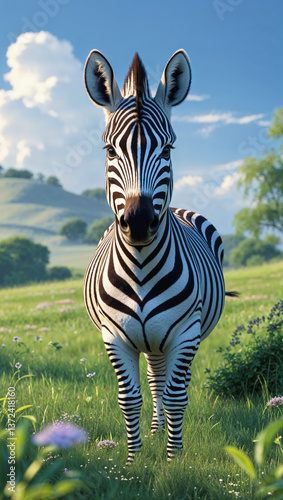 Close-Up of Zebra in Lush Green Meadow with Scenic Hills