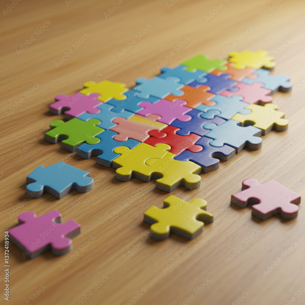 Fototapeta premium Colorful puzzle pieces scattered on a wooden table 