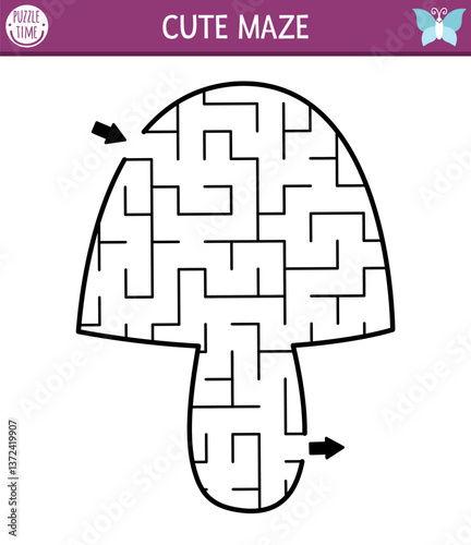 Mushroom shaped geometrical maze for kids. Forest labyrinth. Preschool printable activity. Woodland fairy garden game for children. Nature science or autumn themed puzzle