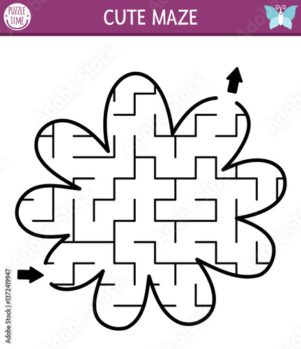 Flower shaped geometrical maze for kids. Forest or garden labyrinth. Preschool printable activity. Woodland fairy garden game for children. Nature science or spring themed puzzle