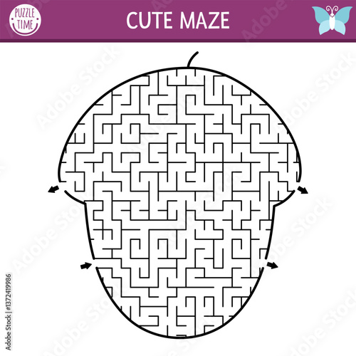 Acorn shaped geometrical maze for kids. Forest or garden labyrinth. Preschool printable activity. Woodland fairy garden game for children. Nature science or autumn themed puzzle