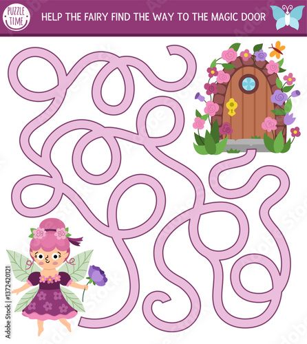Fun maze for kids with flower fairy going to magic door entwined with roses. Fairytale princess printable activity with cute girl with wings. Enchanted forest, woodland labyrinth game or puzzle