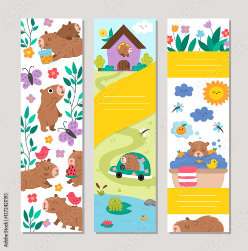 Cute capybara bookmarks set with funny relaxing animal. Vector cartoon capibara vertical cards collection with bath, fruit, reeds, insects. Fantasy forest book mark print templates pack