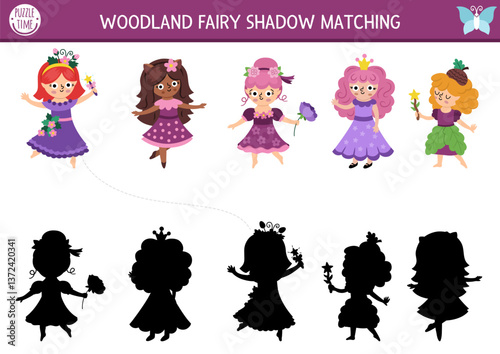 Woodland fairy shadow matching activity with little girls. Magic forest puzzle with berry, flower, acorn princess. Find correct silhouette printable worksheet, game. Fairytale fantasy page for kid