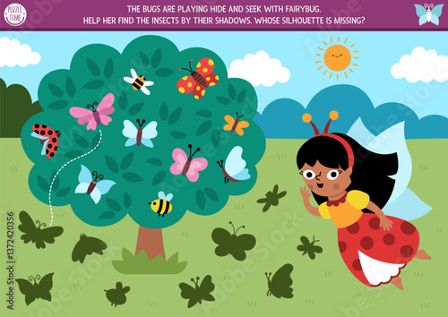 Woodland fairy shadow matching activity with girl playing hide and seek with bugs on tree. Magic forest puzzle with princess, insects, landscape. Find correct silhouette printable worksheet, game