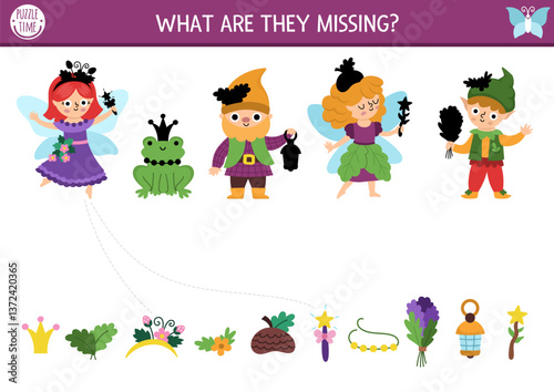 Woodland fairy matching activity with fantasy creature and missing objects. Magic forest puzzle with princess, frog, dwarf, elf. Fairytale match up page, printable worksheet with wand, bouquet, hat
