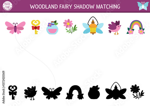Woodland fairy shadow matching activity with fantasy objects. Magic forest puzzle with rainbow, key, potion, butterfly. Find correct silhouette printable worksheet, game. Fairytale page for kid