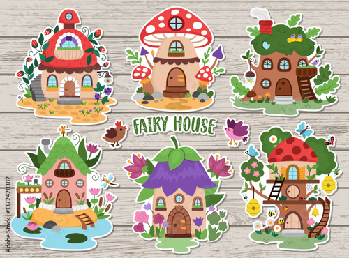 Vector fairy house sticker pack. Woodland princess home patches collection. Fantasy forest cottages illustrations. Magic fairytale creature dwelling shaped as berry, flower, mushroom, treehouse