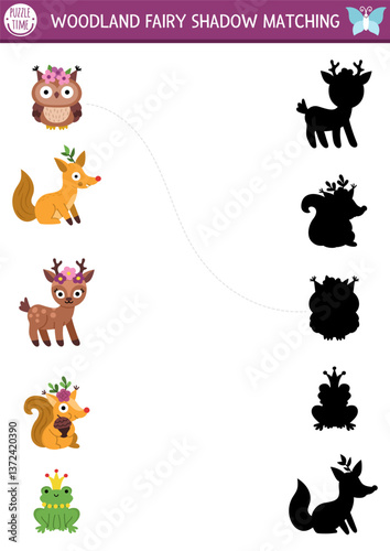 Woodland fairy shadow matching activity with fantasy animals. Magic forest puzzle with owl, fox, squirrel, frog, deer. Find correct silhouette printable worksheet, game. Fairytale page for kid